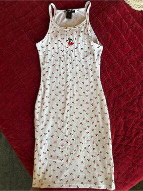 H&M-Cherry Print Ribbed Tank Dress - White with Red Cherries